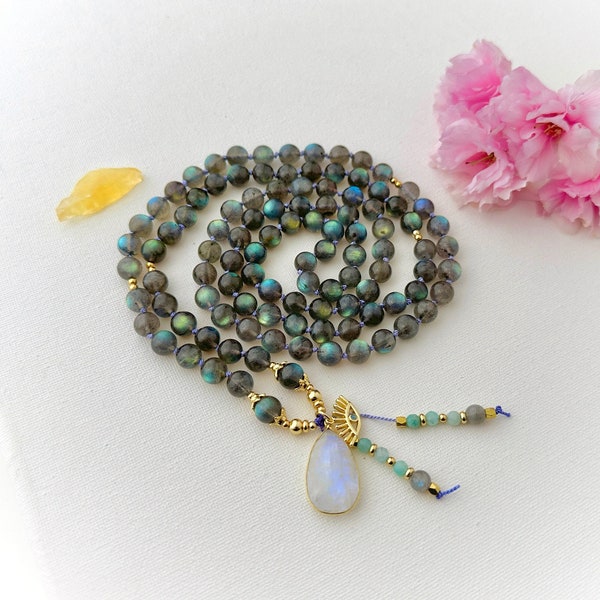 Goddess Mala Necklace with Rainbow Labradorite Mala Beads, Moonstone Mala, Spiritual Meditation Necklace 108 Prayer Beads Yoga Gift for Her