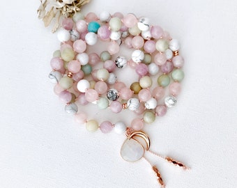 Healing Moon Goddess Mala Necklace with Moonstone Howlite Rose Quartz Amazonite Kunzite Mala Beads, 108 Mala Prayer Beads, Yoga Gift