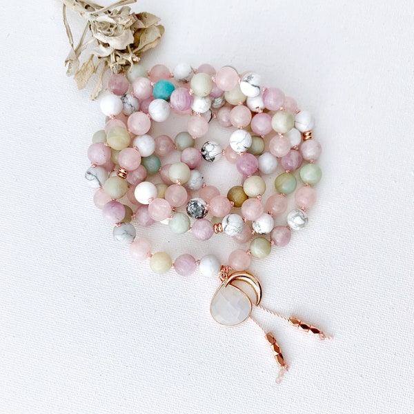 Healing Moon Goddess Mala Necklace with Moonstone Howlite Rose Quartz Amazonite Kunzite Mala Beads, 108 Mala Prayer Beads, Yoga Gift