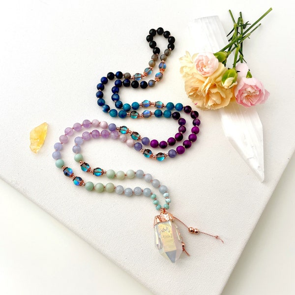 Goddess Mala Necklace with Kyanite Mystic Aura Quartz Sugilite Amazonite Mala Beads, Galaxy Mala, 108 Mala Prayer Beads, Yoga Gift For Her