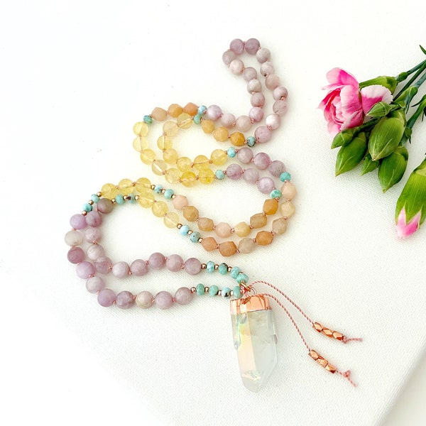 Goddess Mala Necklace with Larimar Kunzite Citrine and Pink Aventurine Mala Beads, 108 Mala Prayer Beads, Yoga Gift For Her