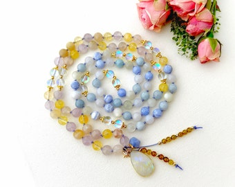 Mala Necklace with Blue Lace Agate Moonstone Cherry Blossom Amethyst Mala Beads, Healing Crystal 108 Prayer Beads Boho Beaded Necklace Gift