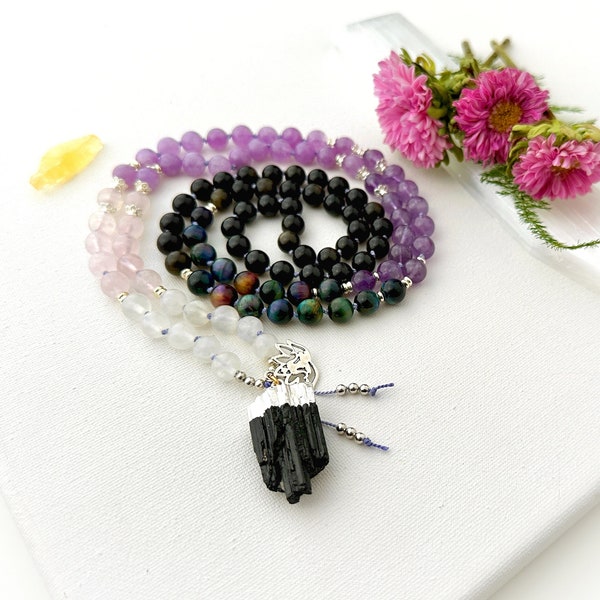 Goddess Mala Necklace with Tourmaline Obsidian Amethyst Mala Beads, Spiritual Meditation Necklace 108 Mala Prayer Beads Yoga Gift for Her