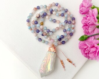 Healing Mala Necklace with Tanzanite Morganite and Aquamarine Beads, 108 Mala Prayer Beads, Yoga Gift for Her