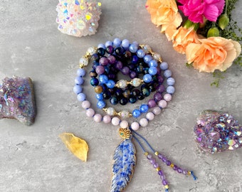 Mala Necklace with Blue Lace Kunzite Aura Tiger Lepidolite Mala Beads, Yoga Spiritual Birthday Gift 108 Prayer Beads Boho Gift for Her