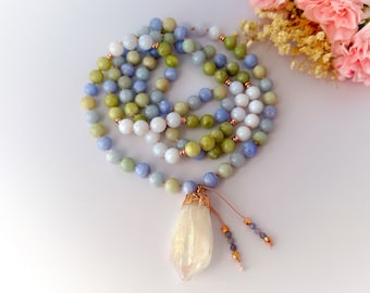 Raindrop Renewal Mala Necklace with Aquamarine Peridot Mala Beads-Yoga Spiritual Meditation Necklace 108 Mala Prayer Beads Yoga Gift for Her