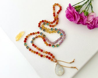 Goddess Mala Necklace with Carnelian Citrine Amethyst Mala Beads • Yoga Gift for Her • 108 Prayer Beads