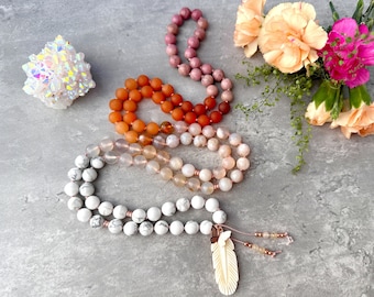 Mala Necklace with Cherry Blossom Agate Rhodonite Howlite Mala Beads, Yoga Spiritual Meditation Necklace 108 Prayer Beads Boho Gift for Her