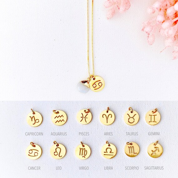 Zodiac Sign Moonstone Gold Necklace Birthday Gemstone Etsy