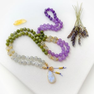 Goddess Mala Necklace with Moonstone Peridot Amethyst Mala Beads, Spiritual Meditation Necklace, 108 Mala Prayer Beads Yoga Gift for Her