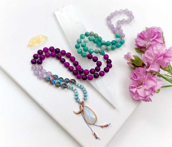 Goddess Mala with Sugilite Rainbow Mystic Aura Quartz Amazonite Amethyst Mala Beads, Moonstone Guru Mala, Mala Necklace