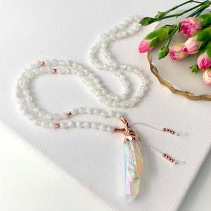 Rainbow Moonstone Mala Beads with Angel Aura Guru Crystal • 108 Mala Prayer Beads • Mala Necklace • Yoga Gift