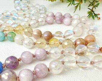 Fairy Mala Necklace with Amethyst Aquamarine Rose Quartz Kunzite and Rainbow Aura Quartz Mala Beads 108 Healing Crystal Mala Beaded Necklace