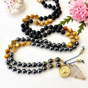 Mala Necklace with Hematite Tourmaline Tigers Eye Mala Beads, Shield Mala, Yoga Beaded Necklace, Birthday Gift, Christmas Gift for him