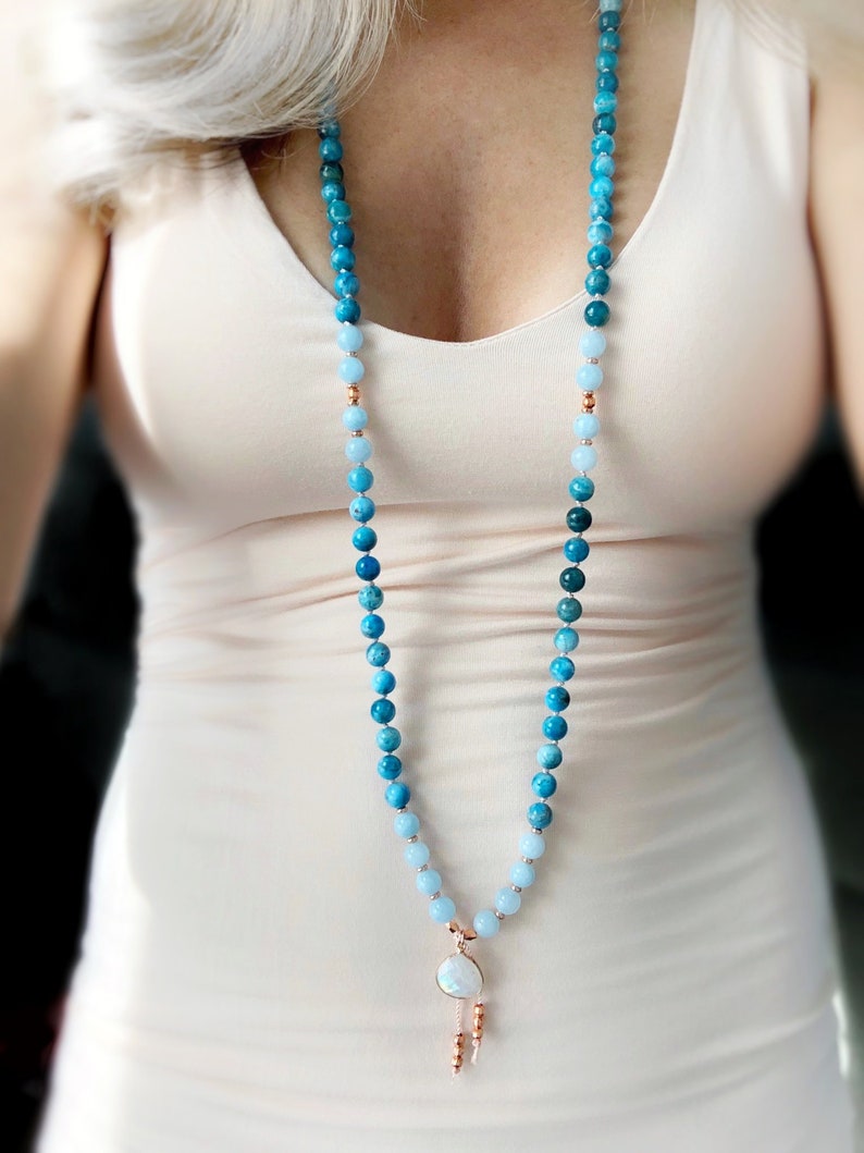 Libra Zodiac Mala with Apatite Aquamarine and Moonstone Mala Beads Balancing Mala for the Indecisive October Libra October Mala Necklace