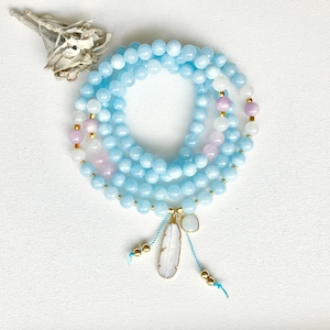 Freedom Mala Necklace, Feather Moonstone Aquamarine and Amethyst Mala Beads, Mala Necklace, Mala Prayer Beads, Yoga Jewelry, Meditation Mala