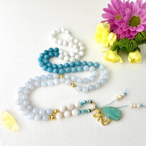 MAMI Wata Goddess Mala Necklace with Larimar Aquamarine Mala Beads, 108 Prayer Beads, Yoga Spiritual Meditation Long Beaded Necklace Gift