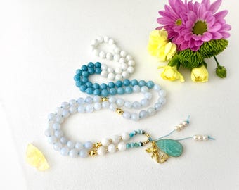 MAMI Wata Goddess Mala Necklace with Larimar Aquamarine Mala Beads, 108 Prayer Beads, Yoga Spiritual Meditation Long Beaded Necklace Gift
