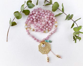 Heart Chakra Mala - Kunzite Mala with Mandala Larimar Moonstone Guru Crystal - Mala Necklace - Mala Prayer Beads - Healing Meditation Beads
