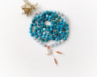 Confidence Mala, Apatite Aquamarine and Moonstone Mala Necklace, Prayer Beads for Meditation Practice, Throat Chakra Mala Beads
