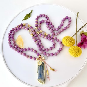 Goddess Mala Necklace with Phosphosiderite Amethyst and Kyanite Guru Crystal, Mala Prayer Beads, Healing Meditation Beads, Spiritual Gift