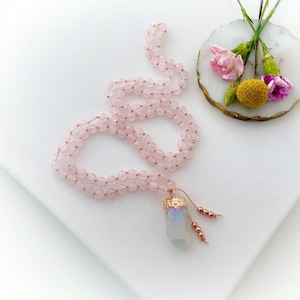 Goddess of Love Mala Necklace with Rose Quartz and Moonstone Mala Beads, Fertility Necklace, Healing Yoga Gift, Mala Prayer Beads