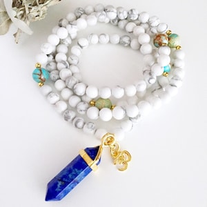 Howlite Mala Bead Necklace: Crystal Healing Necklace