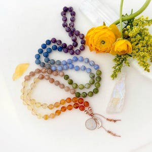 7 CHAKRA Mala Necklace with Citrine Lepidolite Blue Lace Agate, Mala Beads 108 Prayer Meditation Spiritual Crystal Healing Yoga Gift For Her