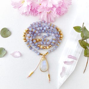 Mala Necklace with Blue Lace Agate and Riverstone Mala Beads • Crown Chakra Mala • Crystal Healing Meditation Necklace