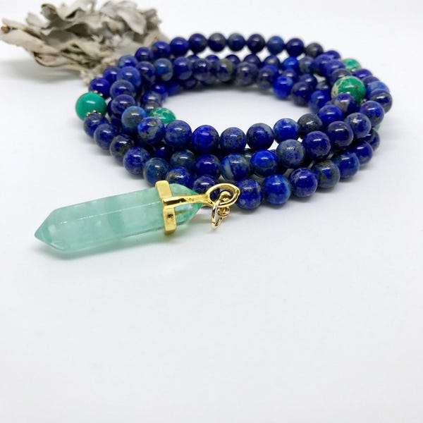 Blue Lapis Lazuli Mala Necklace with Jasper, 108 Beads, Yoga Jewelry