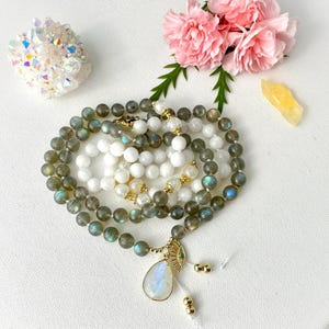 Goddess Mala Necklace with Moonstone Rainbow Labradorite Mala Beads, Meditation Beaded Necklace, Healing Crystal Necklace, Yoga Gift for Her