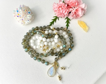 Moonstone Labradorite Mala Necklace: Healing Crystal Meditation Mala Beads