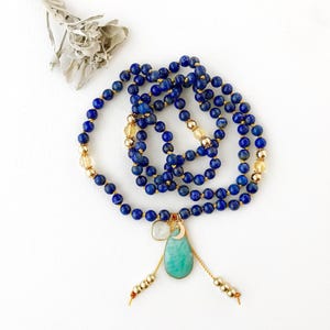 Warrior Wisdom Knotted Mala, 108 Mala Beads, Mala Necklace, Lapis Citrine Mala, Mala Beads, Japa Mala Prayer Beads, Yoga Jewelry Gift, Mala