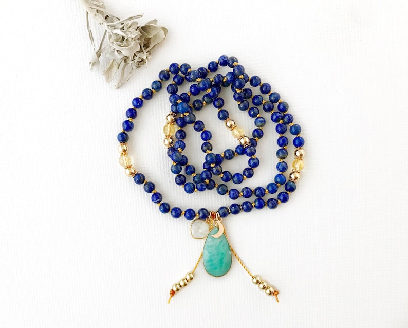 Warrior Wisdom Knotted Mala, 108 Mala Beads, Mala Necklace, Lapis Citrine Mala, Mala Beads, Japa Mala Prayer Beads, Yoga Jewelry Gift, Mala image 1
