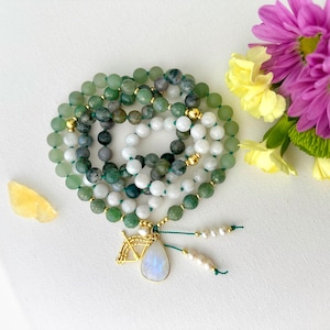 Goddess Mala Necklace with Moonstone Moss Agate Green Aventurine Mala Beads, 108 Prayer Beads Yoga Spiritual Meditation Beaded Necklace Gift