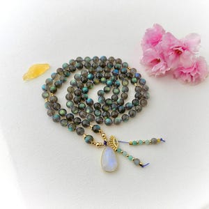 Goddess Mala Necklace Rainbow Labradorite Beads: Moonstone, 108 Prayer Beads Yoga Gift for Her