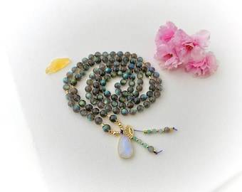 Goddess Mala Necklace Rainbow Labradorite Beads: Moonstone, 108 Prayer Beads Yoga Gift for Her