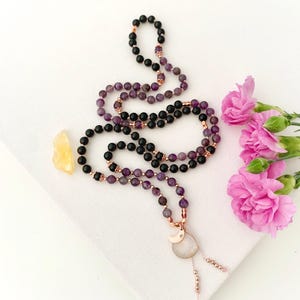 Tourmaline and Amethyst Mala Necklace - Mala Beads - Yoga Jewelry Gift for Her - Healing Crystal Necklace