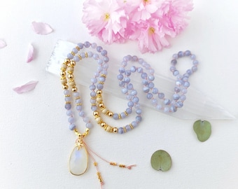 Transformative Moonstone Guru Blue Lace Agate and Riverstone Mala Beads • Crown Chakra Mala • Mala Necklace