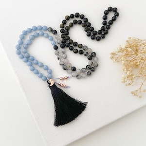 Guardian Mala Necklace with Obsidian, Angelite and Tourmalinated Quartz, Mala Beads Beaded Necklace Protection Healing Stones Christmas Gift