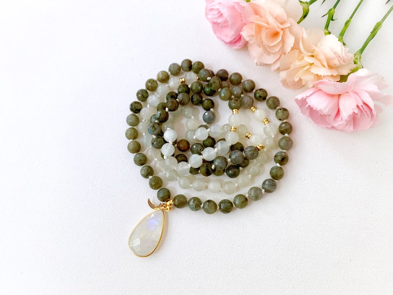 Love and Strength Mala Labradorite Mala Beads Moonstone Mala Necklace