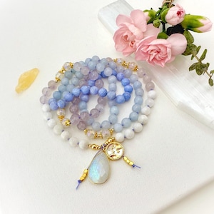 Dreamer’s Ocean Pisces Mala Necklace with Moonstone Amethyst Aquamarine Mala Beads, Zodiac Birthday Gift for Her, Healing Crystal Necklace