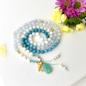 Goddess Mala Necklace with Moonstone Larimar Aquamarine Mala Beads, 108 Prayer Beads, Yoga Spiritual Meditation Long Beaded Necklace Gift