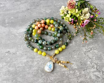 Mala Necklace with Moss Agate Orange Calcite Lemon Jade Mala Beads, Healing Crystal Yoga Spiritual Prayer Beads Boho Birthday Gift for Her