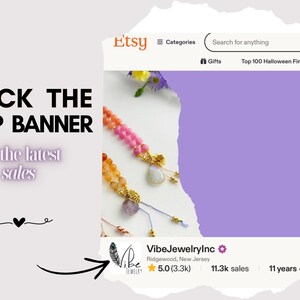 The image is a screenshot of a website called Etsy, featuring a shop banner with various products displayed. The banner includes a message encouraging users to check the shop banner for the latest sales.