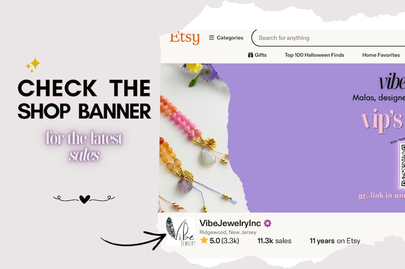The image is a screenshot of a website called Etsy, featuring a shop banner with various products displayed. The banner includes a message encouraging users to check the shop banner for the latest sales.