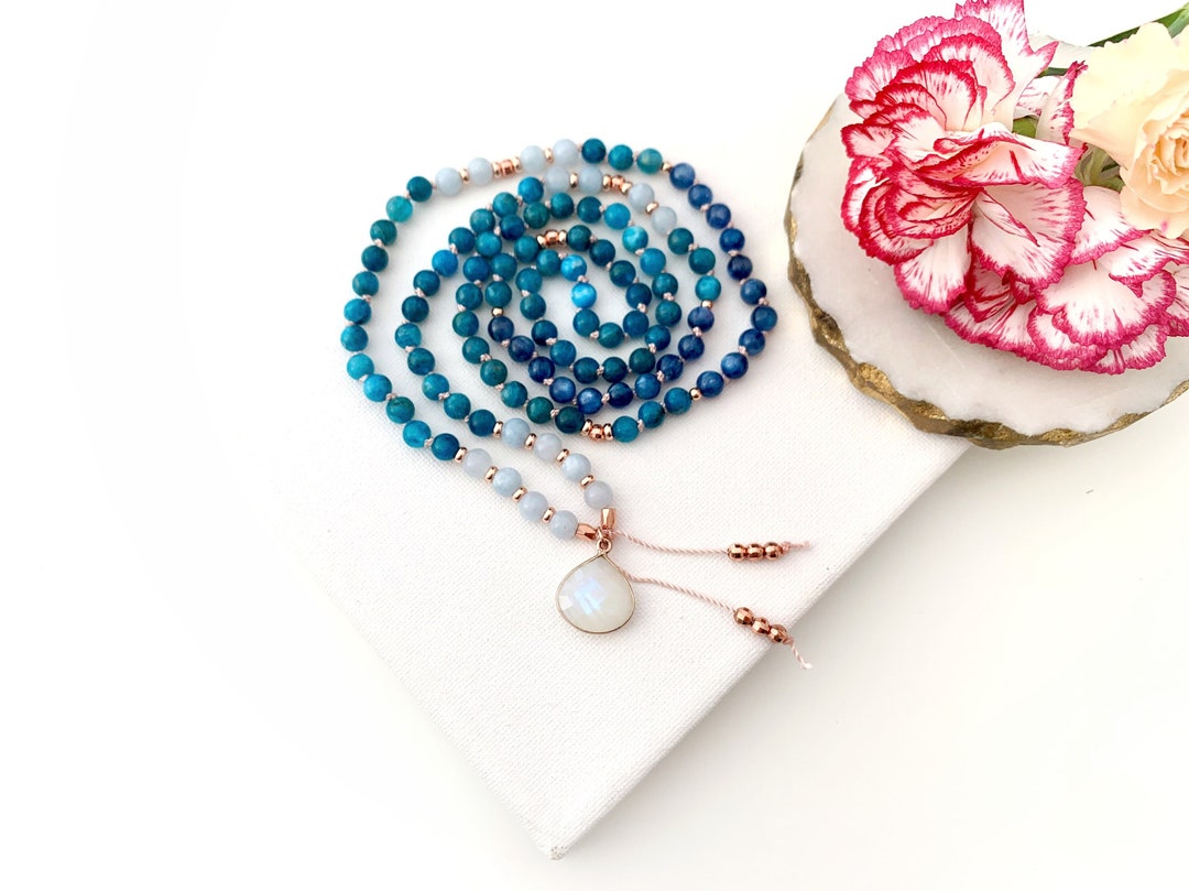 Mala Necklace With Kyanite Apatite and Aquamarine Mala Beads Etsy