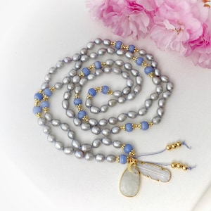 Mala Necklace with Fresh Water Pearls Blue Lace Agate Mala Beads Moonstone Guru, Healing Crystal 108 Mala Prayer Beads, Yoga Gift For Her