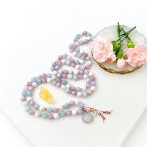 Healing Moon Goddess Mala Necklace with Moonstone Aquamarine Kunzite Mala Beads, 108 Mala Prayer Beads, Yoga Gift Christmas Gift for her