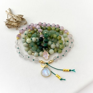 Mala Necklace with Rose Quartz Kunzite Emerald Mala Beads, 108 Prayer Beads, Yoga Spiritual Meditation Necklace Gift for Her